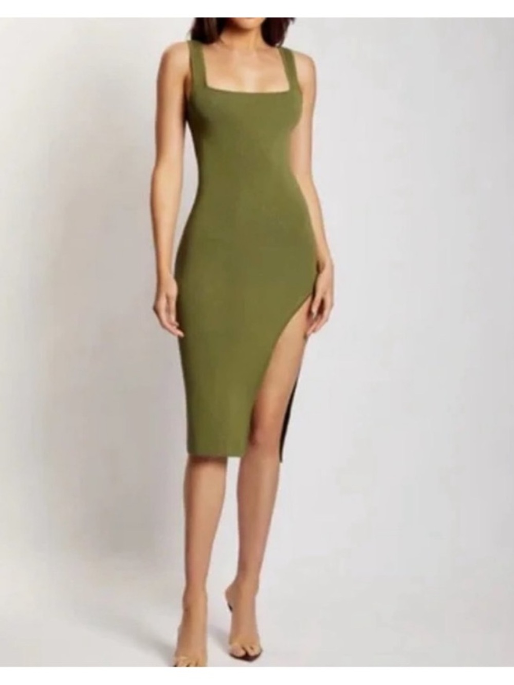 Meshki Dress Womens Medium Jenna Square Neck Bandage Midi Sage Green Bodycon